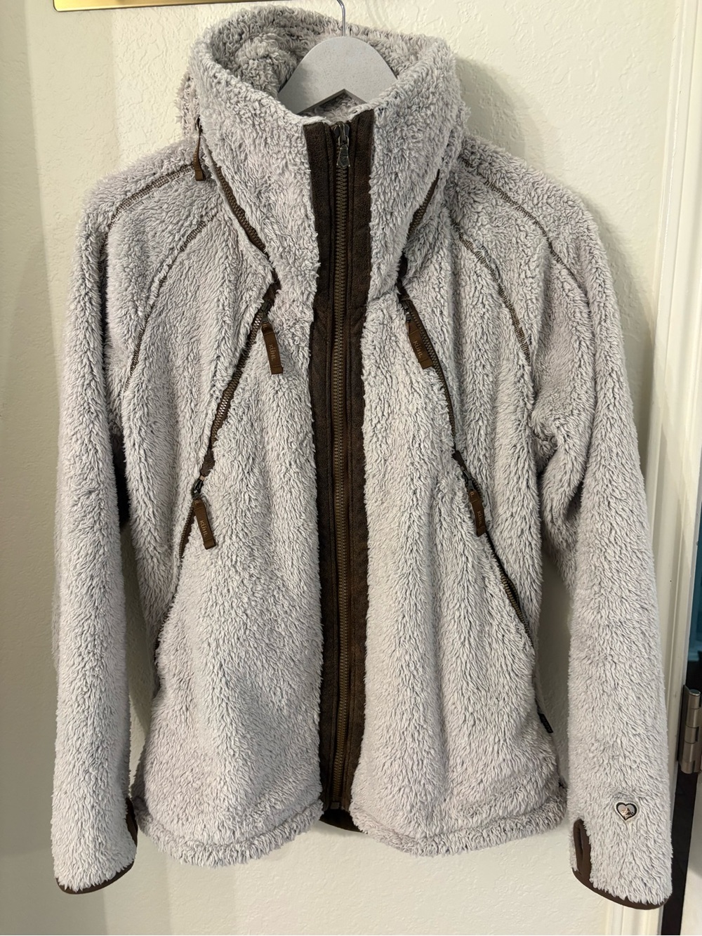 KÜHL Gray & Brown High-Pile Sherpa Fleece Full-Zip Jacket Stand Collar Large
